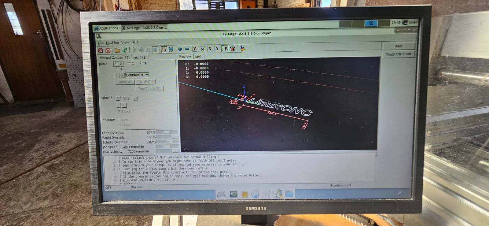 LinuxCNC control screen running a toolpath program